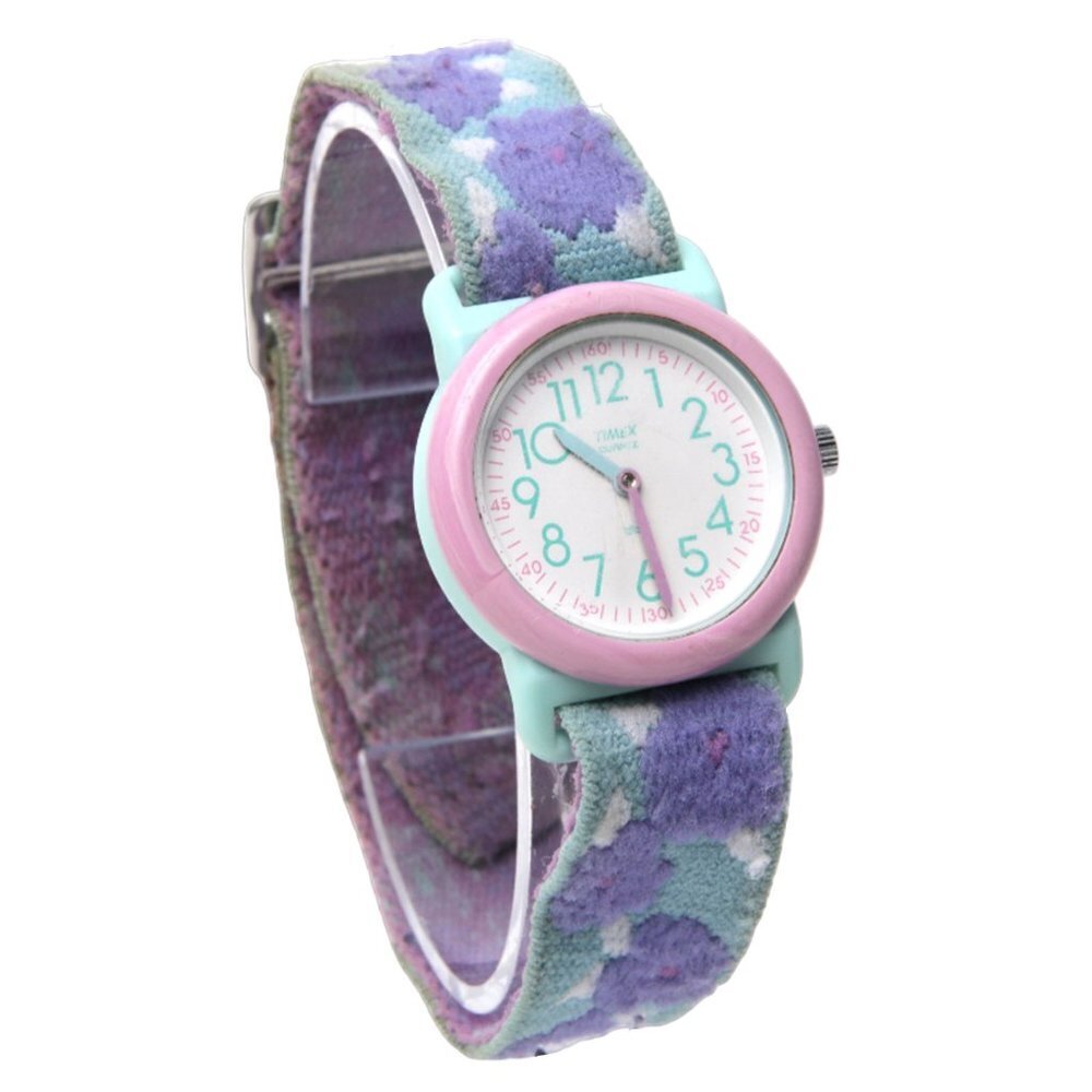 Vintage TIMEX Floral Elastic Band Watch Plastic Face Stainless Steel Pink Purple